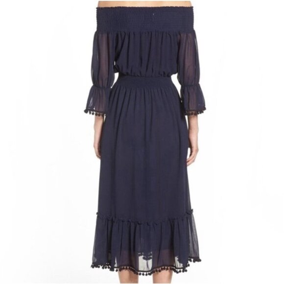 Misa Los Angeles Navy Smocked Cottage Gore Pom Midi Dress Women’s XS Read - Picture 2 of 11